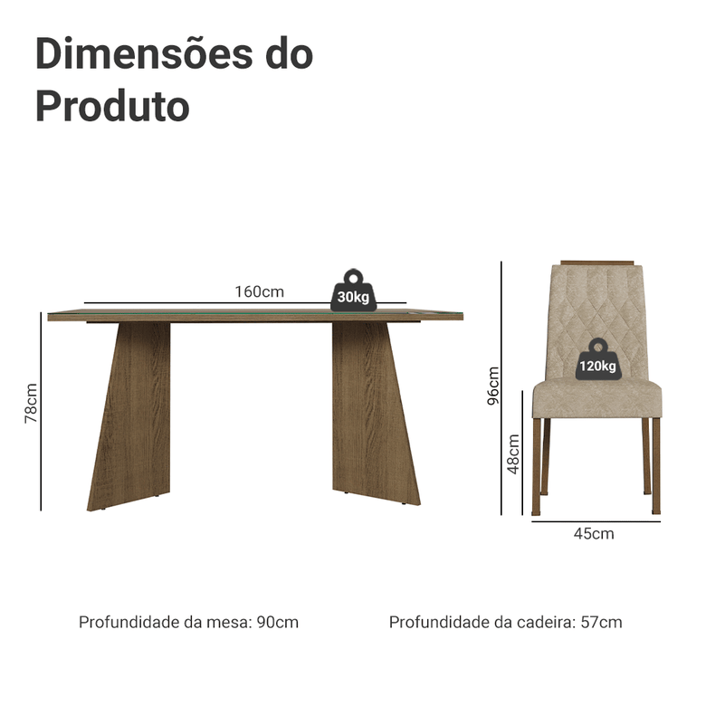 Conjunto Sala de Jantar Mesa Tampo de Vidro 4 Cadeiras Rustic/Imperial Porto Madesa