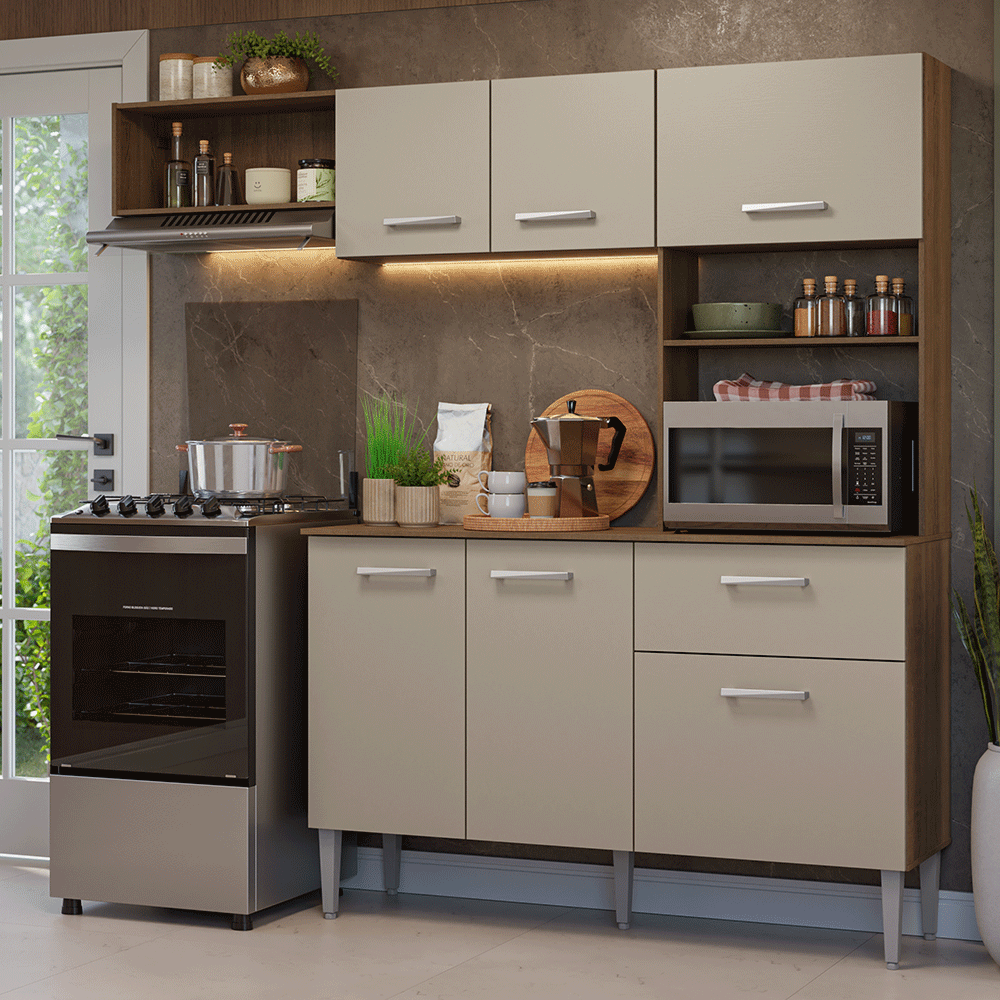 Armário de Cozinha Compacta 196cm Rustic/Crema Aura Madesa - Rustic/Crema