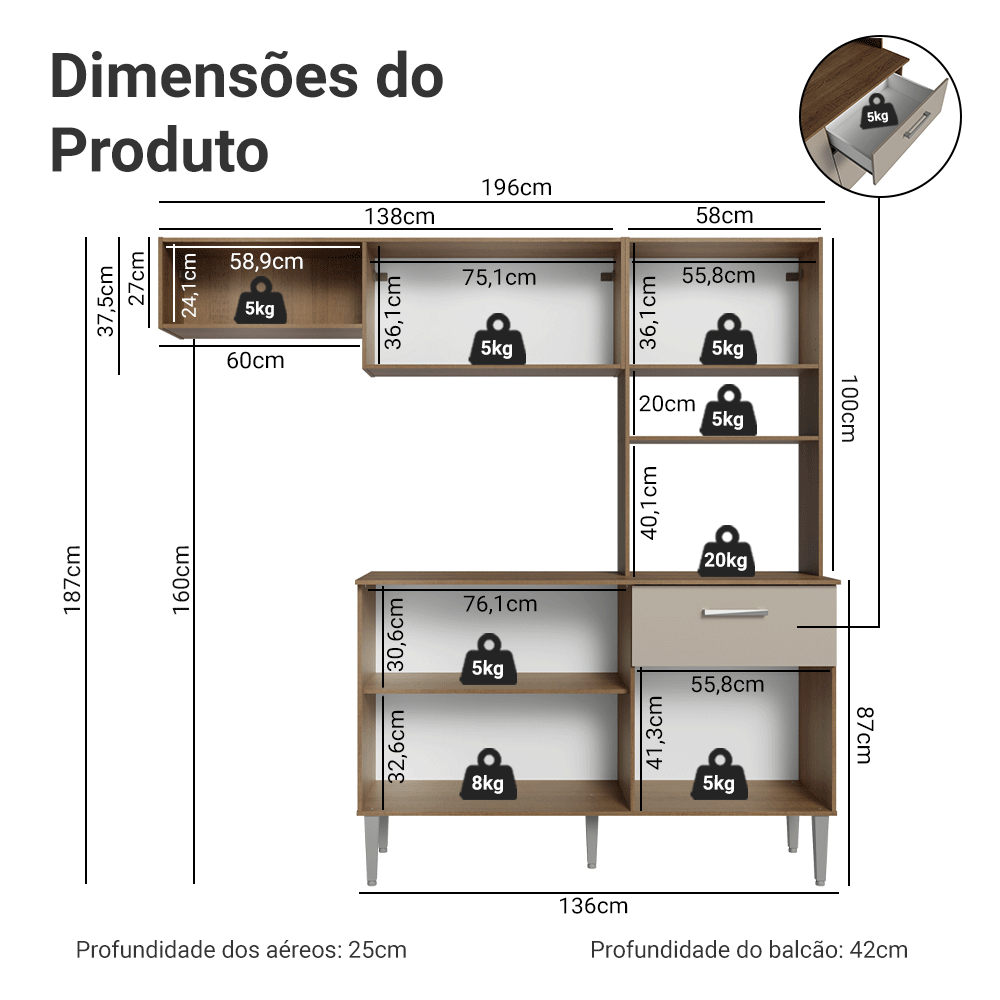 Armário de Cozinha Compacta 196cm Rustic/Crema Aura Madesa