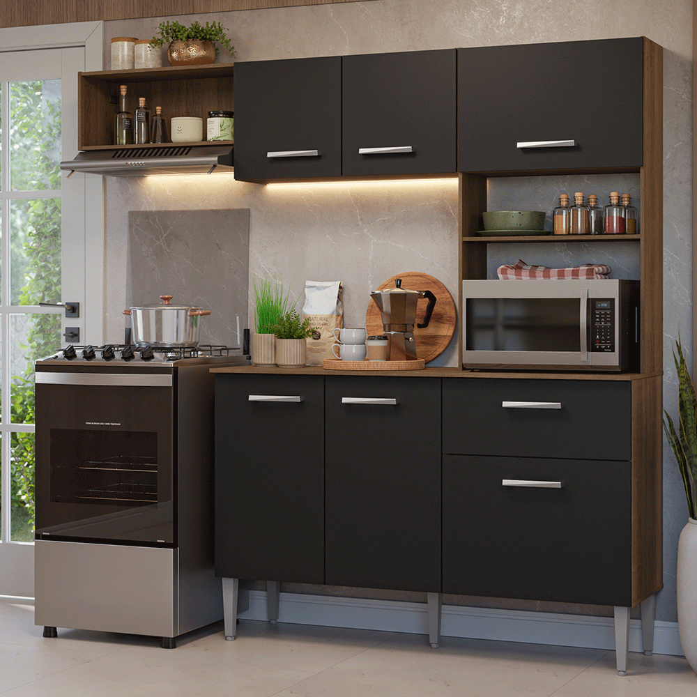 Armário de Cozinha Compacta 196cm Rustic/Preto Aura Madesa - Rustic/Preto