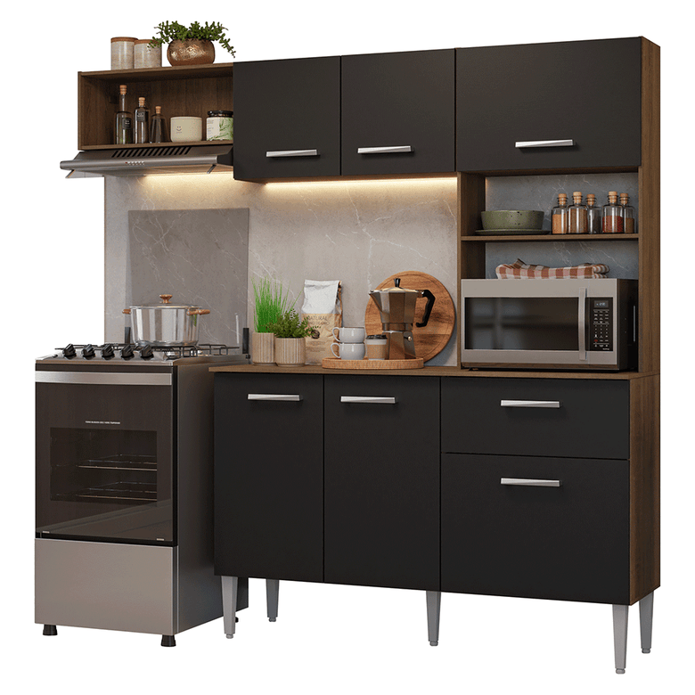 Armário de Cozinha Compacta 196cm Rustic/Preto Aura Madesa