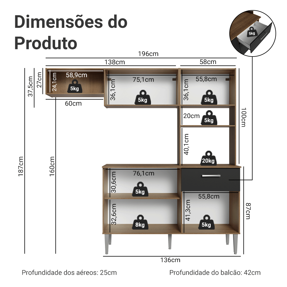 Armário de Cozinha Compacta 196cm Rustic/Preto Aura Madesa
