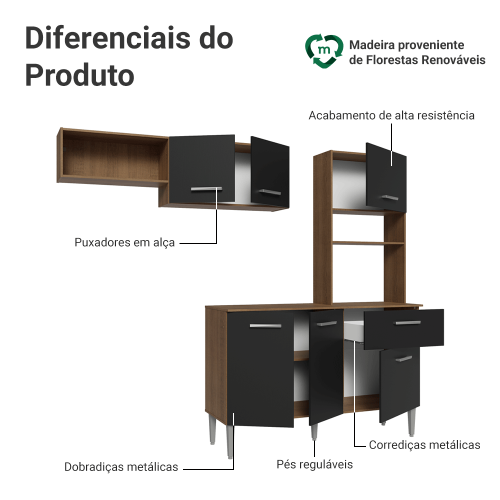 Armário de Cozinha Compacta 196cm Rustic/Preto Aura Madesa