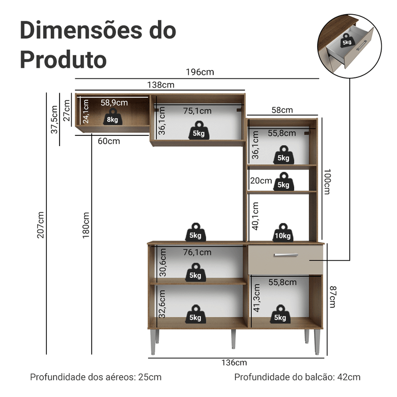 Armário de Cozinha Compacta 196cm Rustic/Crema Aura Madesa 01