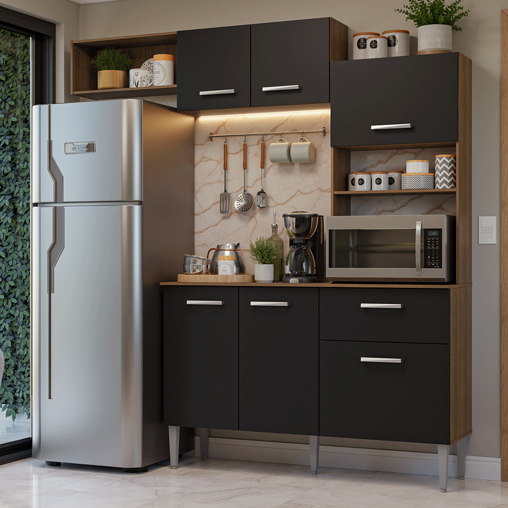 Armário de Cozinha Compacta 196cm Rustic/Preto Aura Madesa 01 - Rustic/Preto