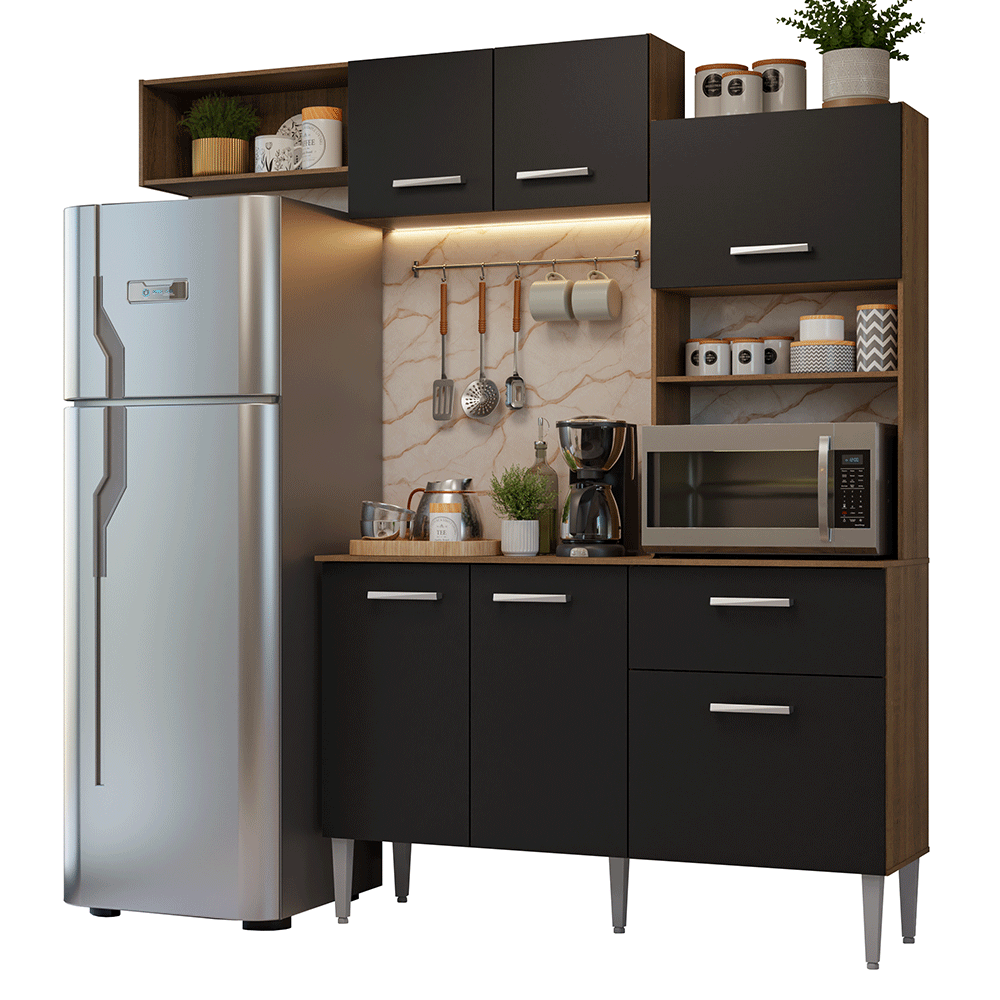 Armário de Cozinha Compacta 196cm Rustic/Preto Aura Madesa 01 - Rustic/Preto