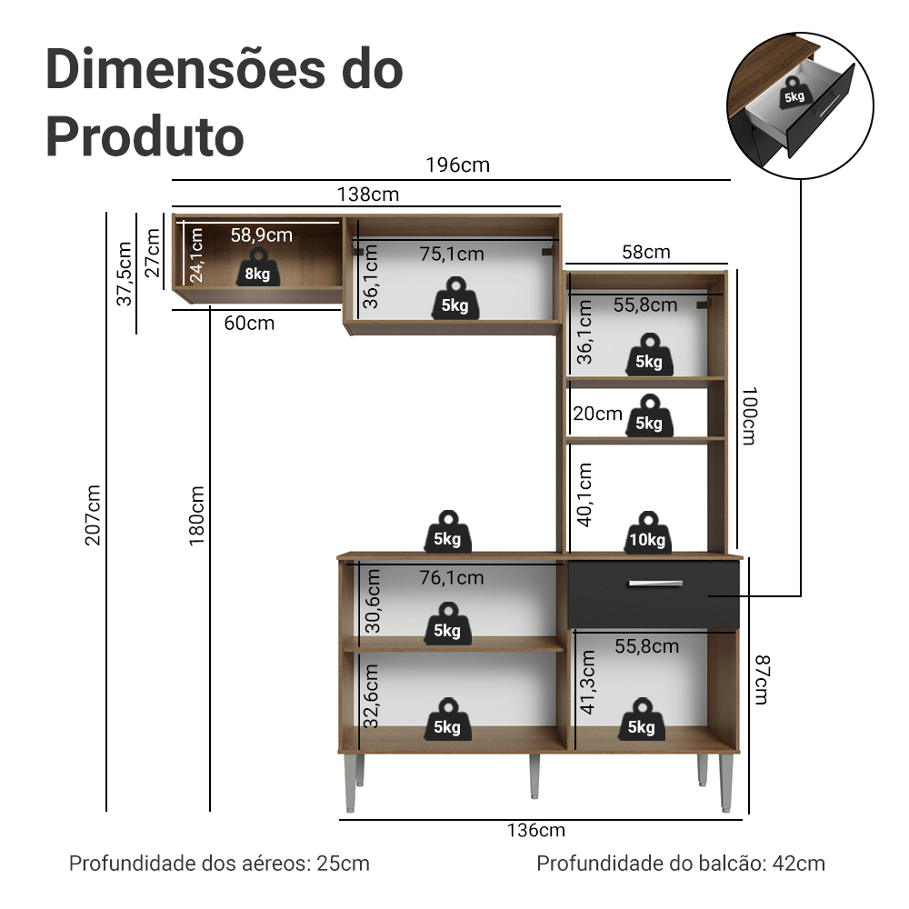 Armário de Cozinha Compacta 196cm Rustic/Preto Aura Madesa 01