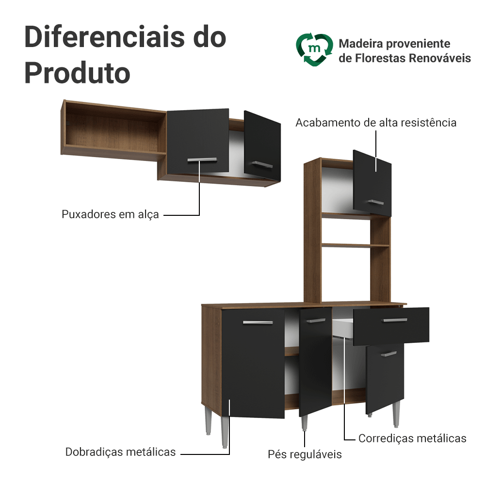 Armário de Cozinha Compacta 196cm Rustic/Preto Aura Madesa 01