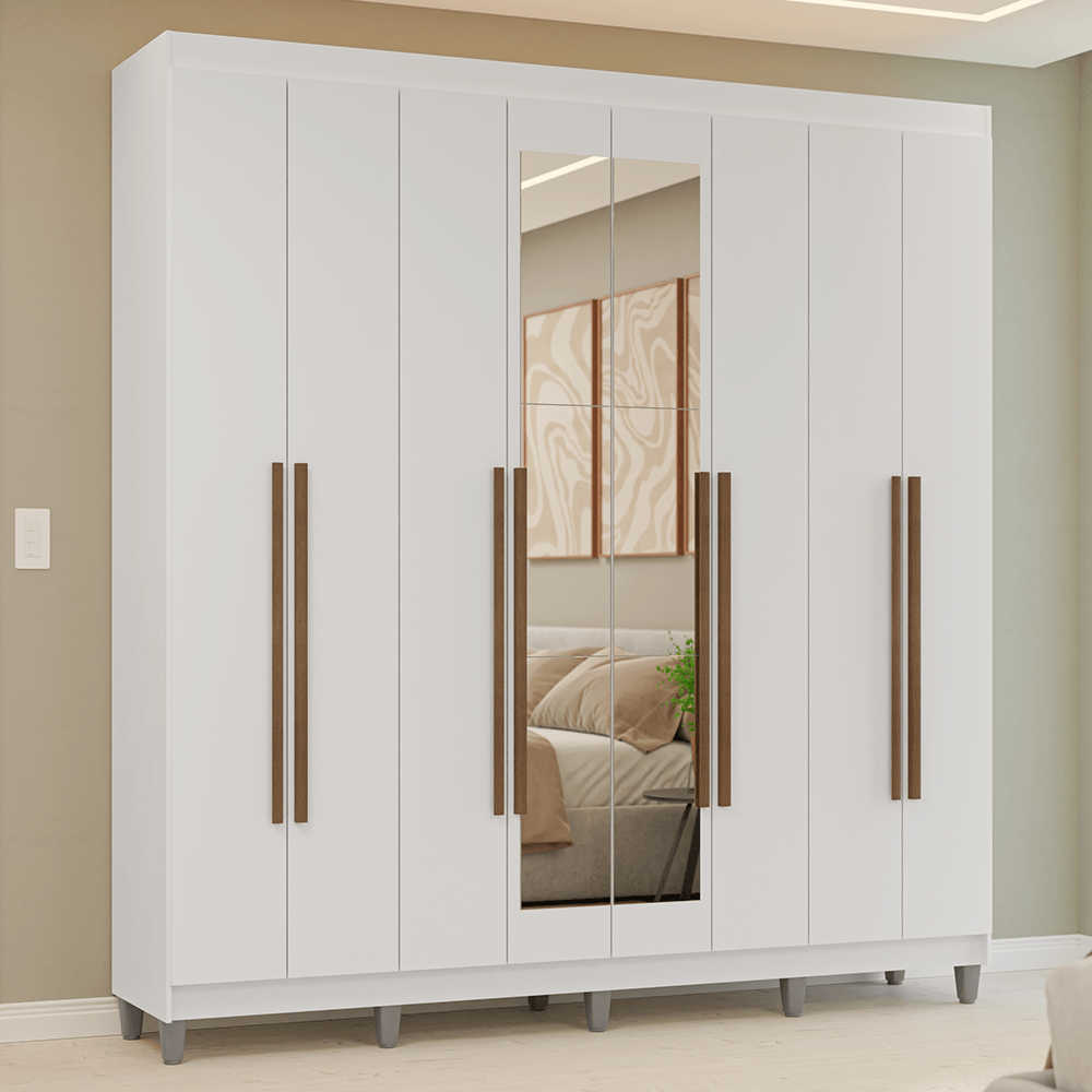 Guarda-Roupa Casal com Pés 8 Portas Batentes com Espelho Branco/Branco/Rustic Venus Madesa - Branco/Preto/Preto