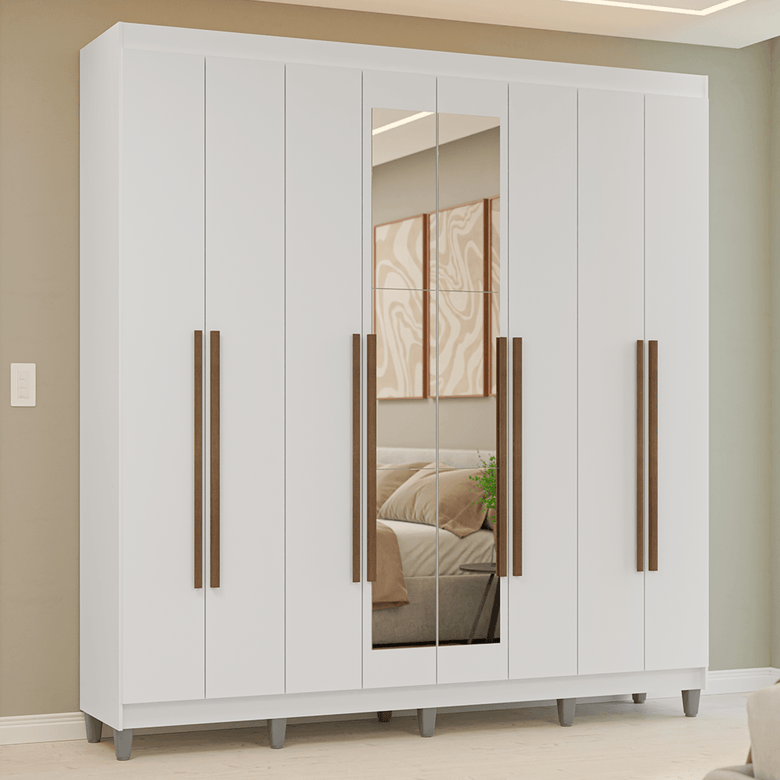 Guarda-Roupa Casal com Pés 8 Portas Batentes com Espelho Branco/Branco/Rustic Venus Madesa