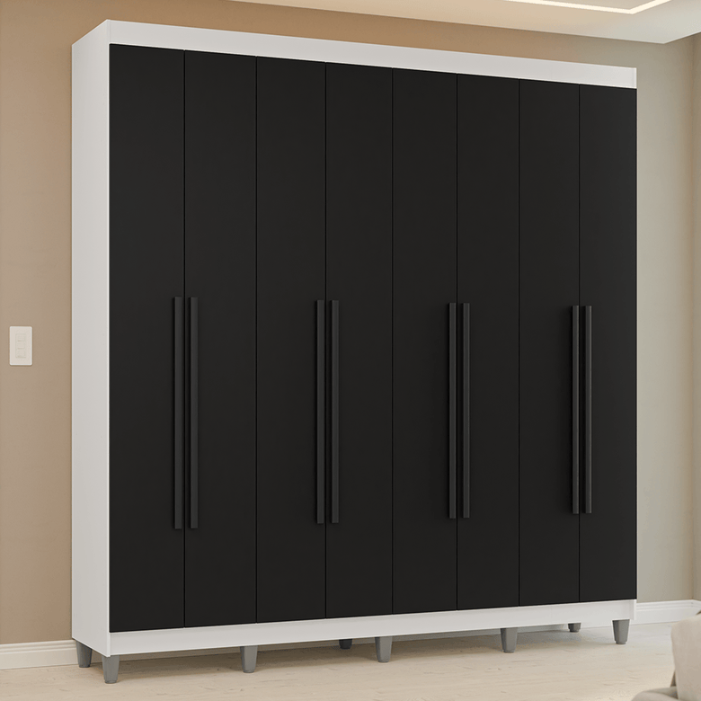 Guarda-Roupa Casal com Pés 8 Portas Batentes Branco/Preto/Preto Venus Madesa