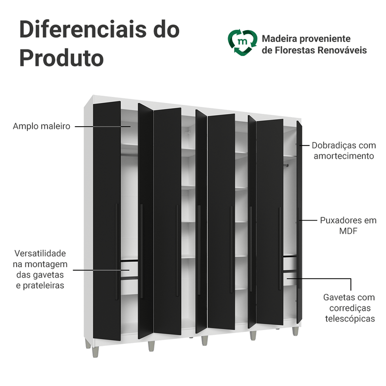 Guarda-Roupa Casal com Pés 8 Portas Batentes Branco/Preto/Preto Venus Madesa