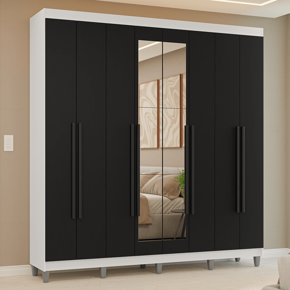 Guarda-Roupa Casal com Pés 8 Portas Batentes com Espelho Branco/Preto/Preto Venus Madesa - Rustic/Branco/Rustic