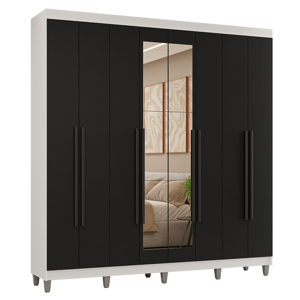 Guarda-Roupa Casal com Pés 8 Portas Batentes com Espelho Branco/Preto/Preto Venus Madesa - Rustic/Branco/Rustic
