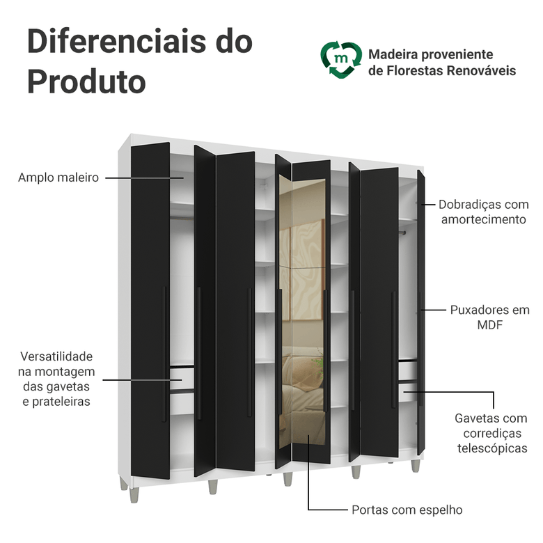 Guarda-Roupa Casal com Pés 8 Portas Batentes com Espelho Branco/Preto/Preto Venus Madesa