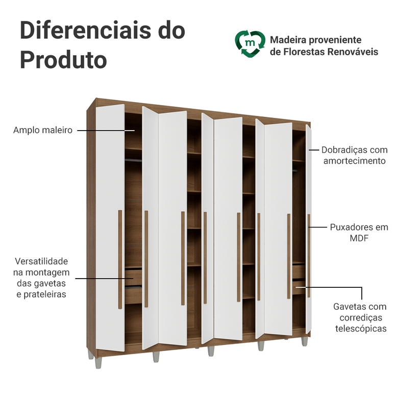 Guarda-Roupa Casal com Pés 8 Portas Batentes Rustic/Branco/Rustic Venus Madesa