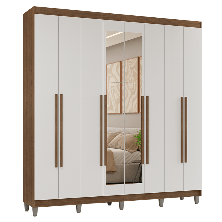 Guarda-Roupa Casal com Pés 8 Portas Batentes com Espelho Rustic/Branco/Rustic Venus Madesa
