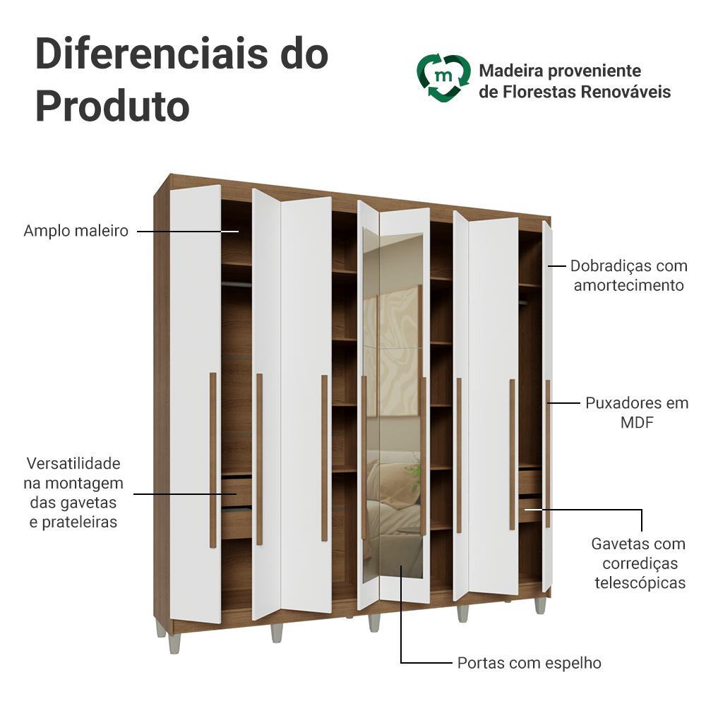 Guarda-Roupa Casal com Pés 8 Portas Batentes com Espelho Rustic/Branco/Rustic Venus Madesa