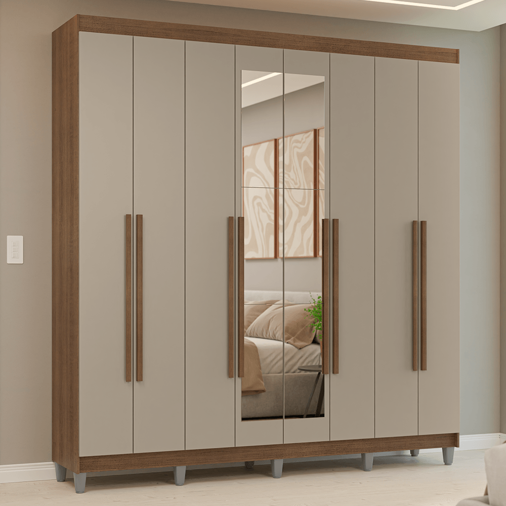 Guarda-Roupa Casal com Pés 8 Portas Batentes com Espelho Rustic/Crema/Rustic Venus Madesa - Rustic/Preto/Preto