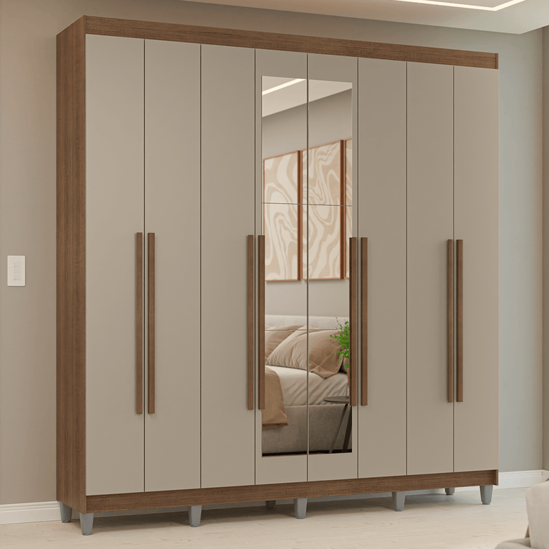 Guarda-Roupa Casal com Pés 8 Portas Batentes com Espelho Rustic/Crema/Rustic Venus Madesa