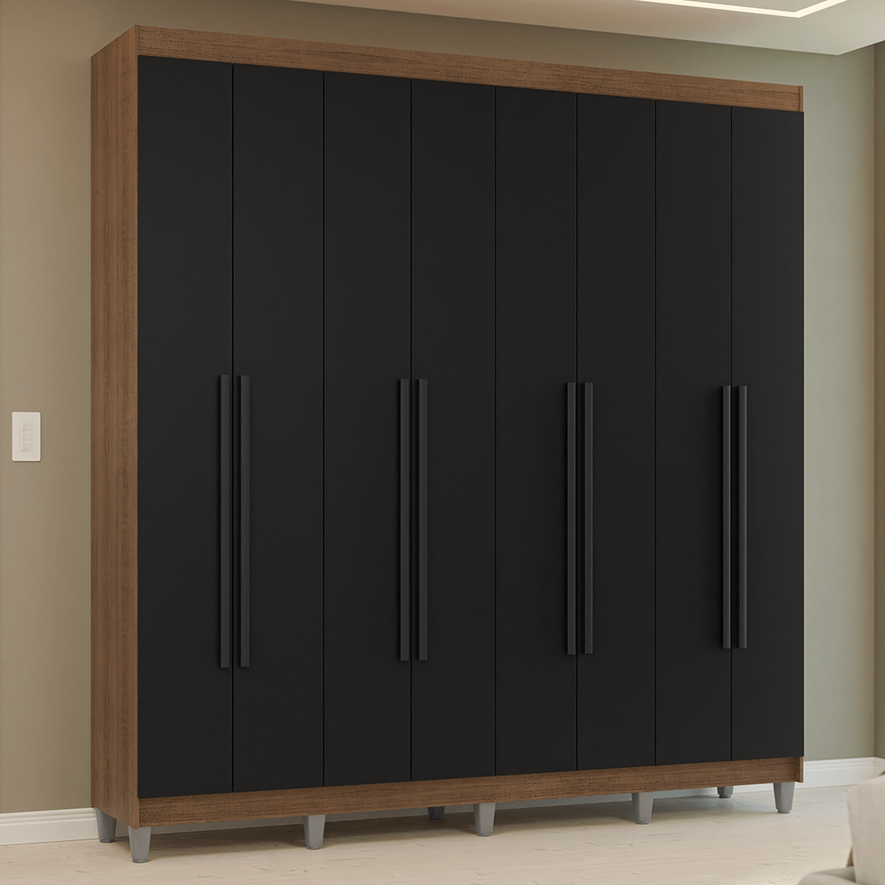 Guarda-Roupa Casal com Pés 8 Portas Batentes Rustic/Preto/Preto Venus Madesa - Rustic/Preto/Preto