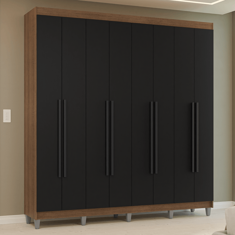 Guarda-Roupa Casal com Pés 8 Portas Batentes Rustic/Preto/Preto Venus Madesa