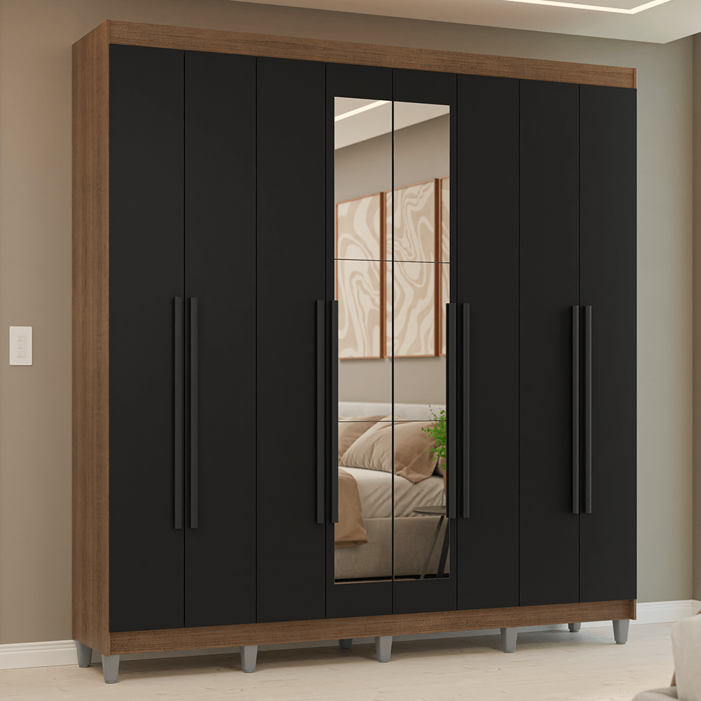 Guarda-Roupa Casal com Pés 8 Portas Batentes com Espelho Rustic/Preto/Preto Venus Madesa - Rustic/Preto/Rustic