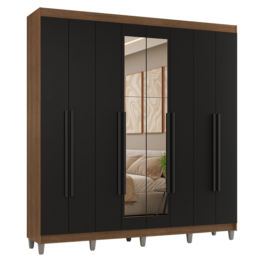 Guarda-Roupa Casal com Pés 8 Portas Batentes com Espelho Rustic/Preto/Preto Venus Madesa - Rustic/Preto/Rustic