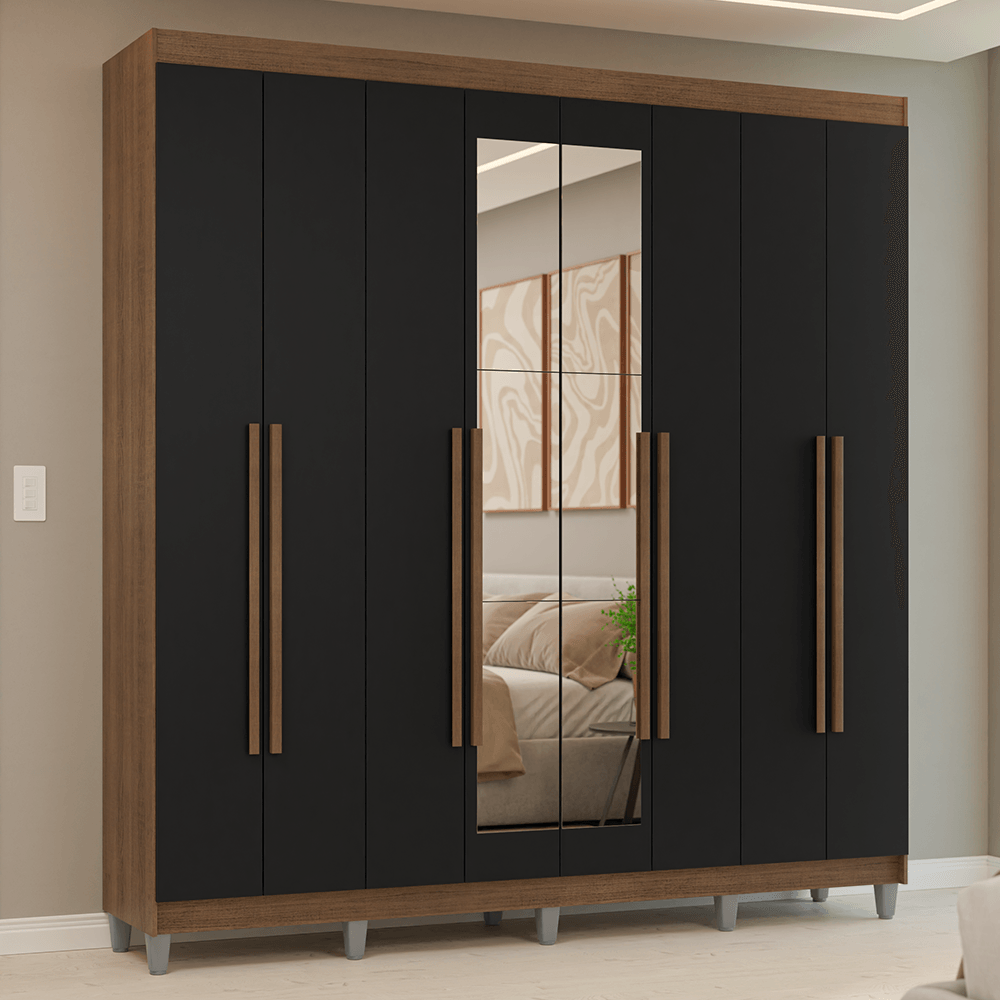 Guarda-Roupa Casal com Pés 8 Portas Batentes com Espelho Rustic/Preto/Rustic Venus Madesa - Branco/Branco/Preto