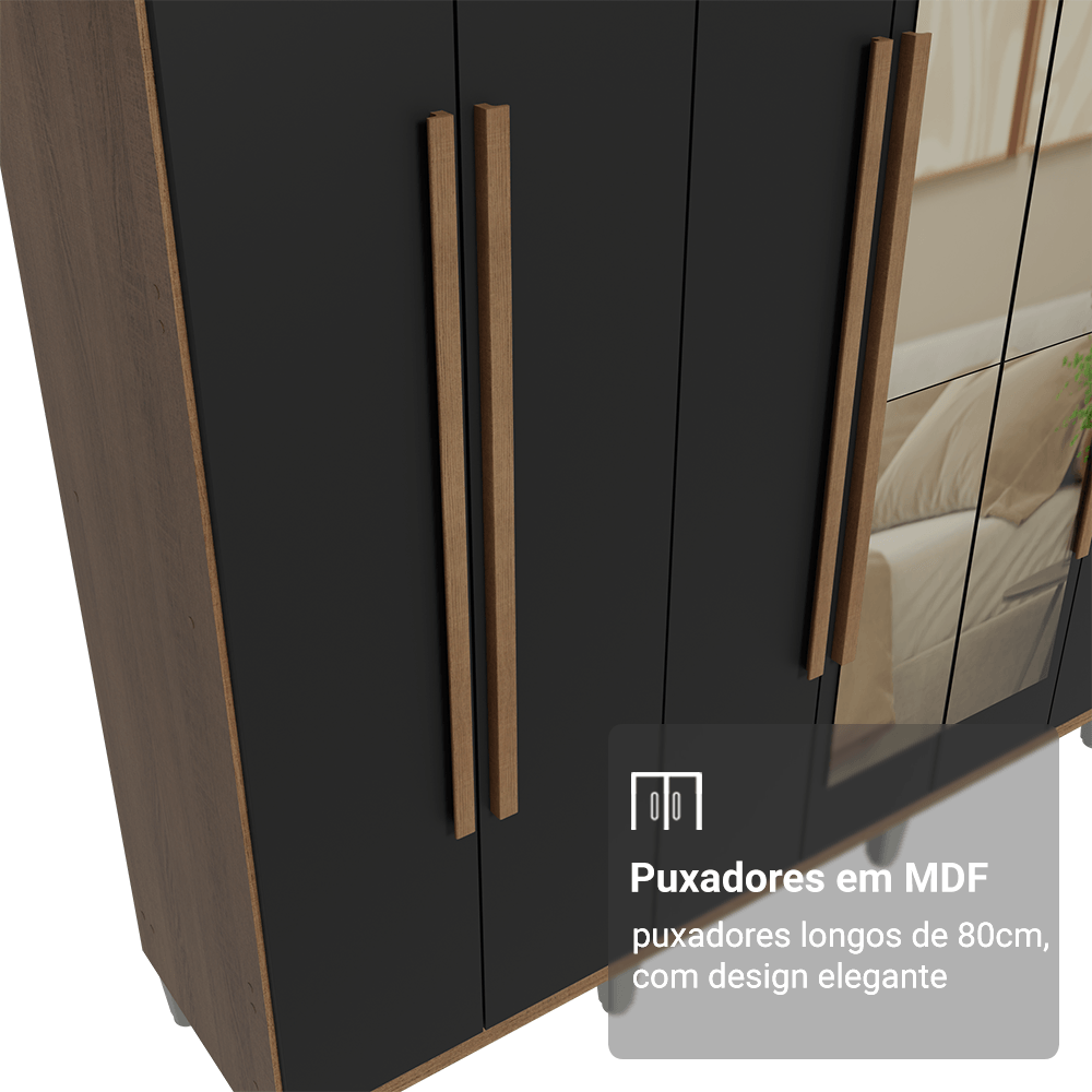 Guarda-Roupa Casal com Pés 8 Portas Batentes com Espelho Rustic/Preto/Rustic Venus Madesa