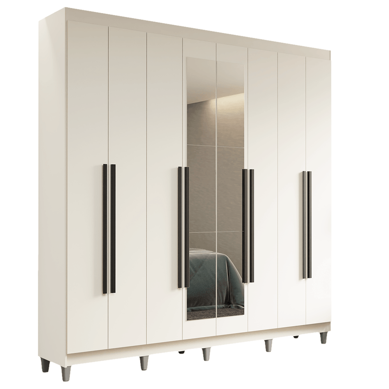 Guarda-Roupa Casal com Pés 8 Portas Batentes com Espelho Branco/Branco/Preto Saturno Madesa