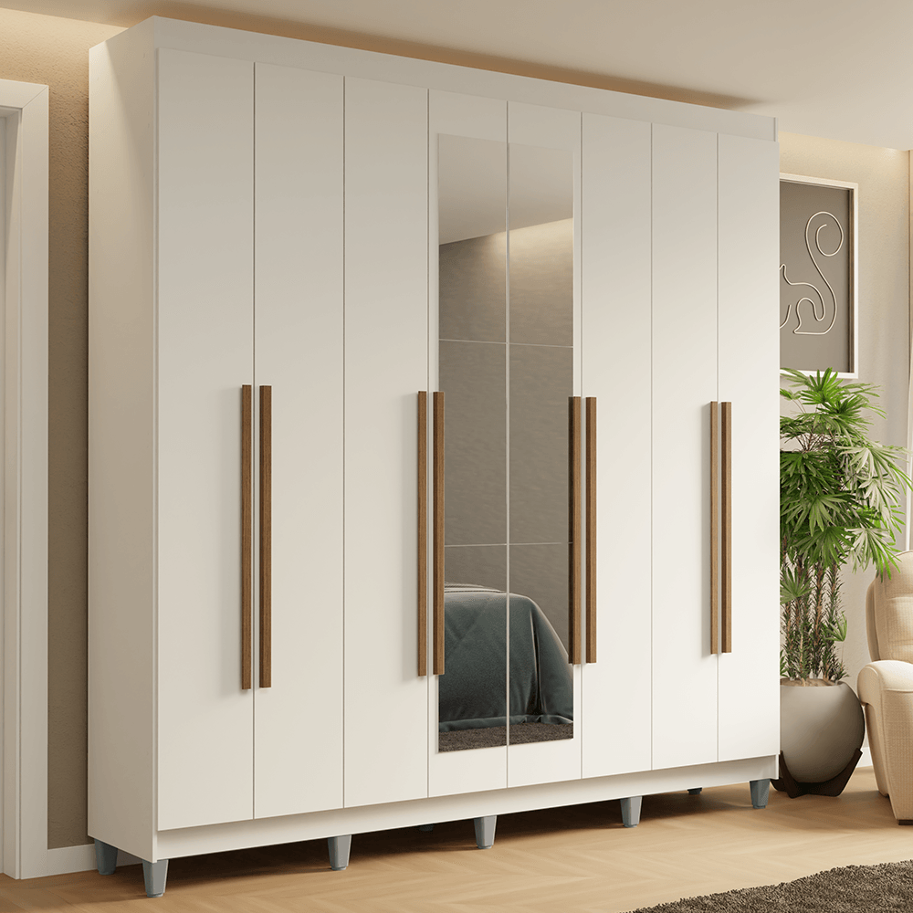 Guarda-Roupa Casal com Pés 8 Portas Batentes com Espelho Branco/Branco/Rustic Saturno Madesa - Branco/Preto/Preto