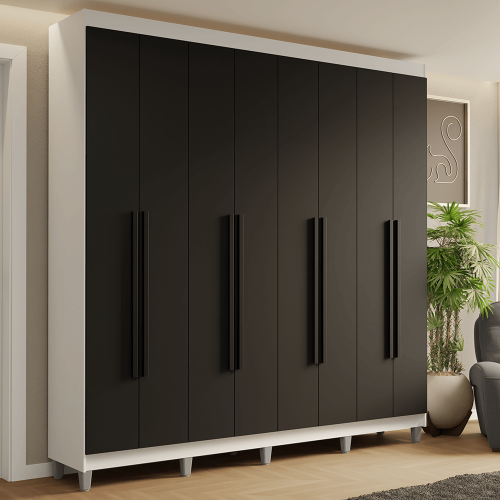 Guarda-Roupa Casal com Pés 8 Portas Batentes Branco/Preto/Branco Saturno Madesa - Branco/Preto/Preto