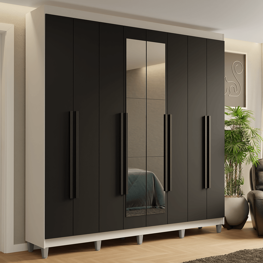 Guarda-Roupa Casal com Pés 8 Portas Batentes com Espelho Branco/Preto/Branco Saturno Madesa - Rustic/Branco/Rustic