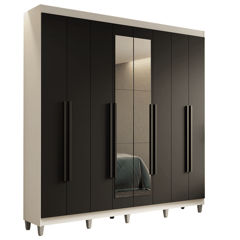 Guarda-Roupa Casal com Pés 8 Portas Batentes com Espelho Branco/Preto/Branco Saturno Madesa