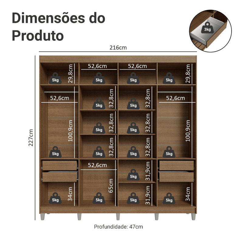 Guarda-Roupa Casal com Pés 8 Portas Batentes Rustic/Crema/Rustic Saturno Madesa