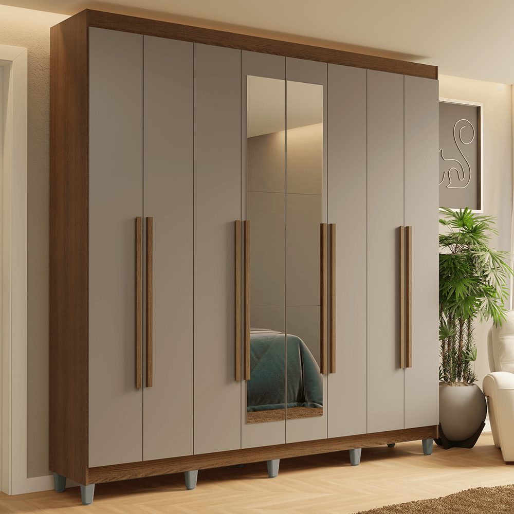 Guarda-Roupa Casal com Pés 8 Portas Batentes com Espelho Rustic/Crema/Rustic Saturno Madesa - Rustic/Preto/Preto