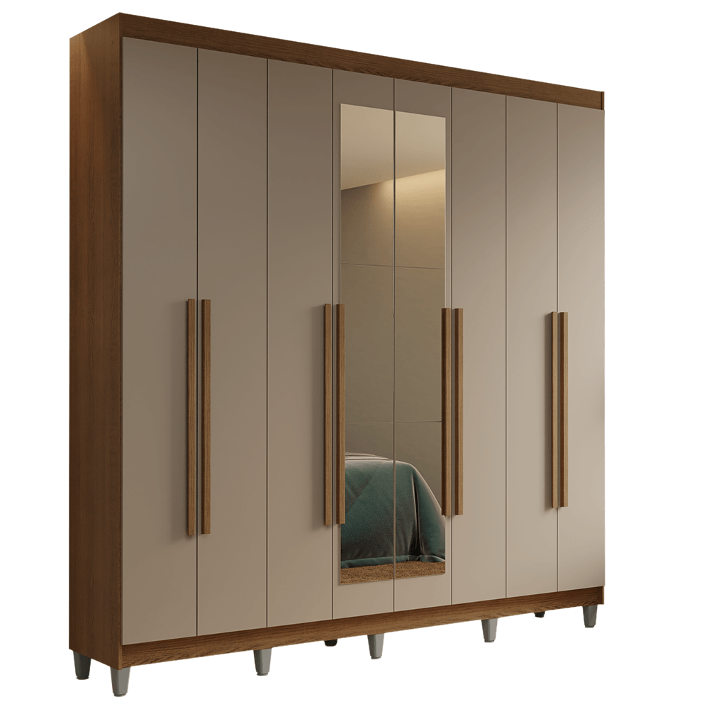 Guarda-Roupa Casal com Pés 8 Portas Batentes com Espelho Rustic/Crema/Rustic Saturno Madesa - Rustic/Preto/Preto