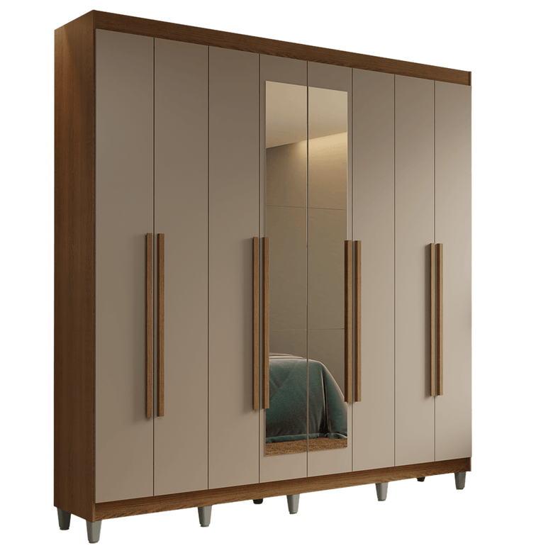 Guarda-Roupa Casal com Pés 8 Portas Batentes com Espelho Rustic/Crema/Rustic Saturno Madesa