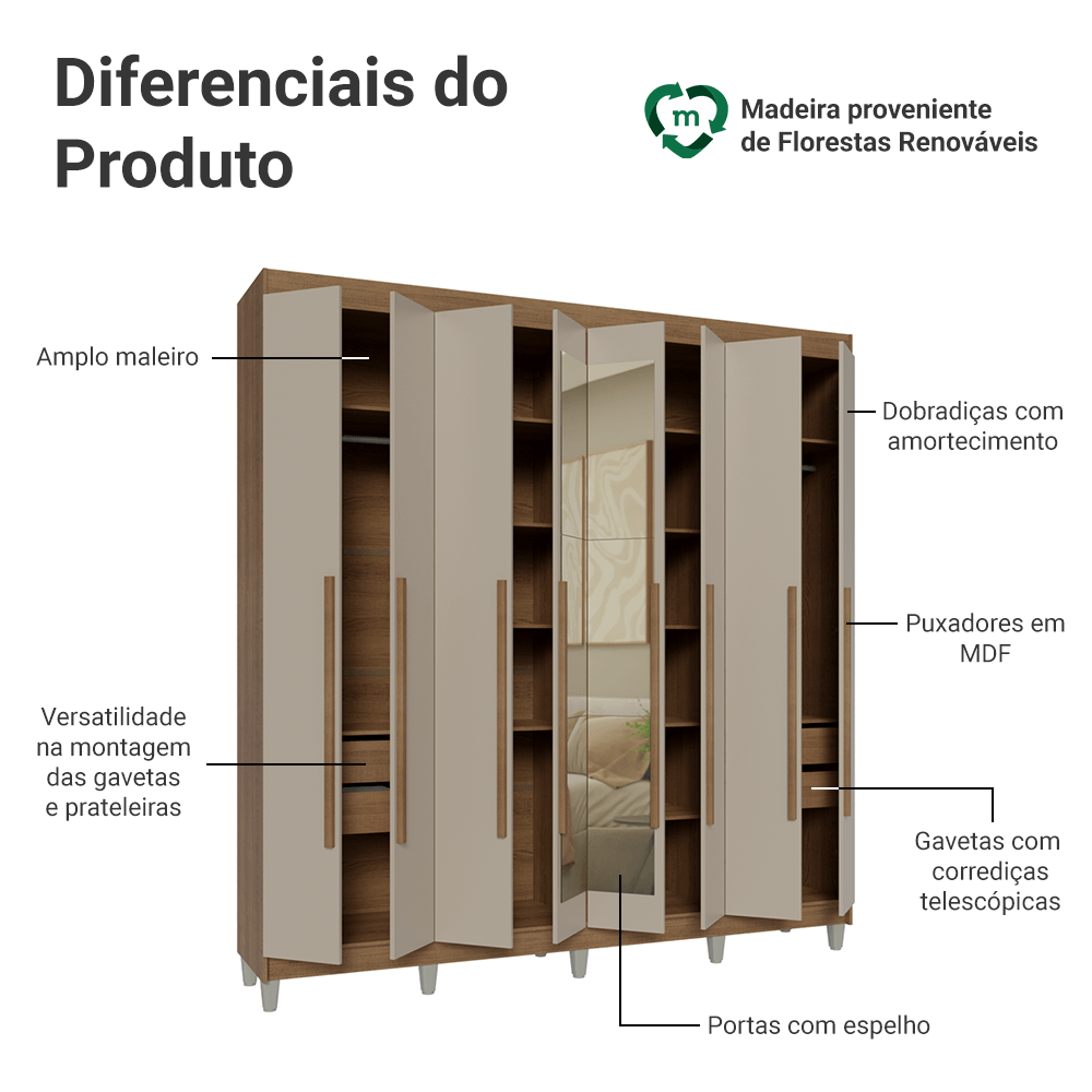 Guarda-Roupa Casal com Pés 8 Portas Batentes com Espelho Rustic/Crema/Rustic Saturno Madesa