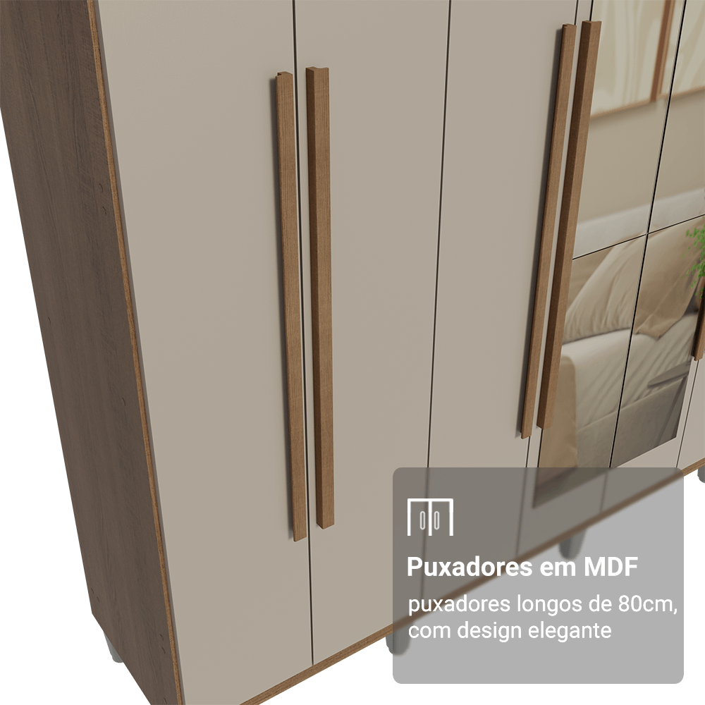 Guarda-Roupa Casal com Pés 8 Portas Batentes com Espelho Rustic/Crema/Rustic Saturno Madesa
