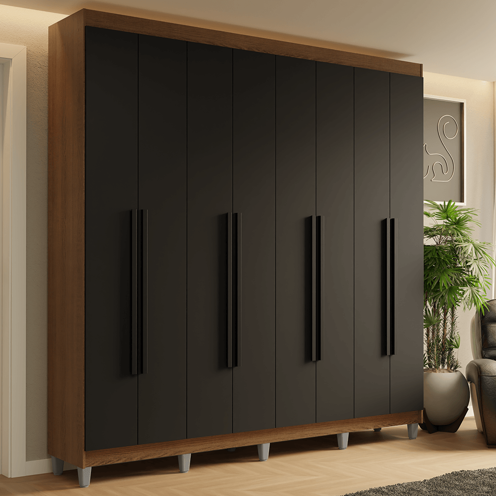Guarda-Roupa Casal com Pés 8 Portas Batentes Rustic/Preto/Preto Saturno Madesa - Rustic/Preto/Preto