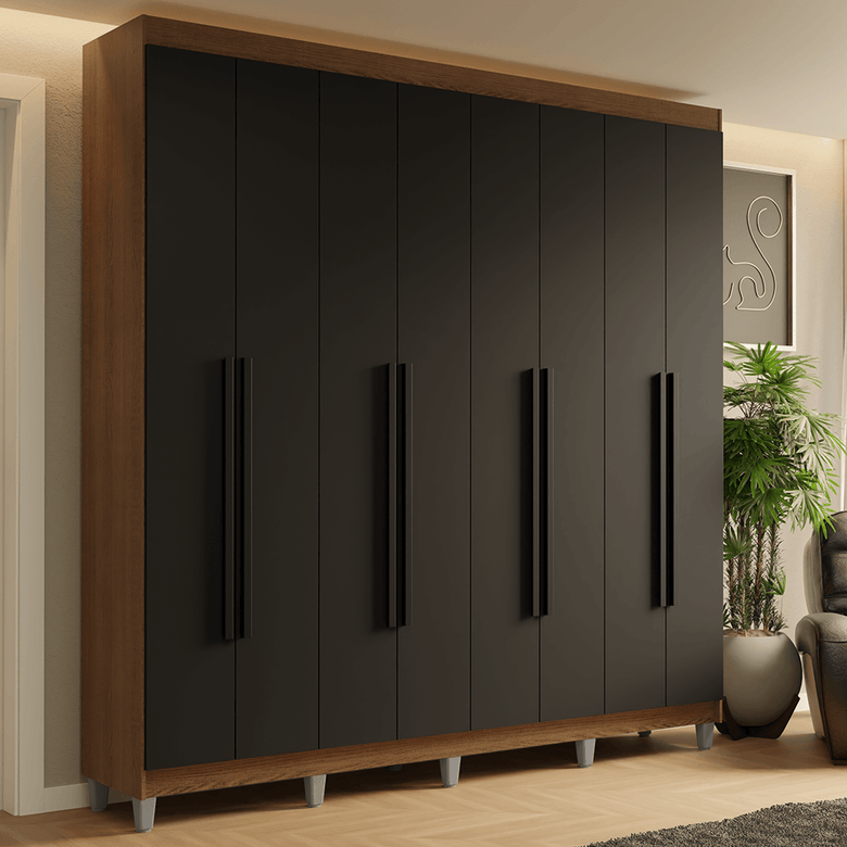 Guarda-Roupa Casal com Pés 8 Portas Batentes Rustic/Preto/Preto Saturno Madesa