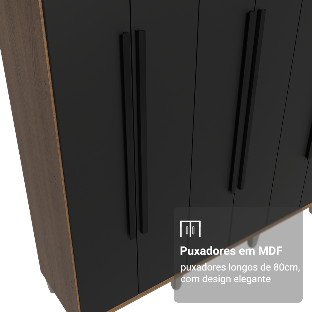 Guarda-Roupa Casal com Pés 8 Portas Batentes Rustic/Preto/Preto Saturno Madesa