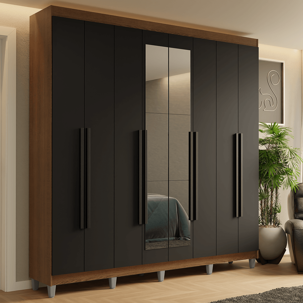 Guarda-Roupa Casal com Pés 8 Portas Batentes com Espelho Rustic/Preto/Preto Saturno Madesa - Rustic/Preto/Rustic