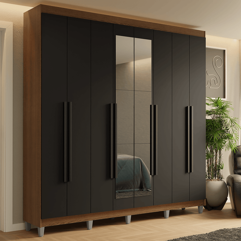 Guarda-Roupa Casal com Pés 8 Portas Batentes com Espelho Rustic/Preto/Preto Saturno Madesa