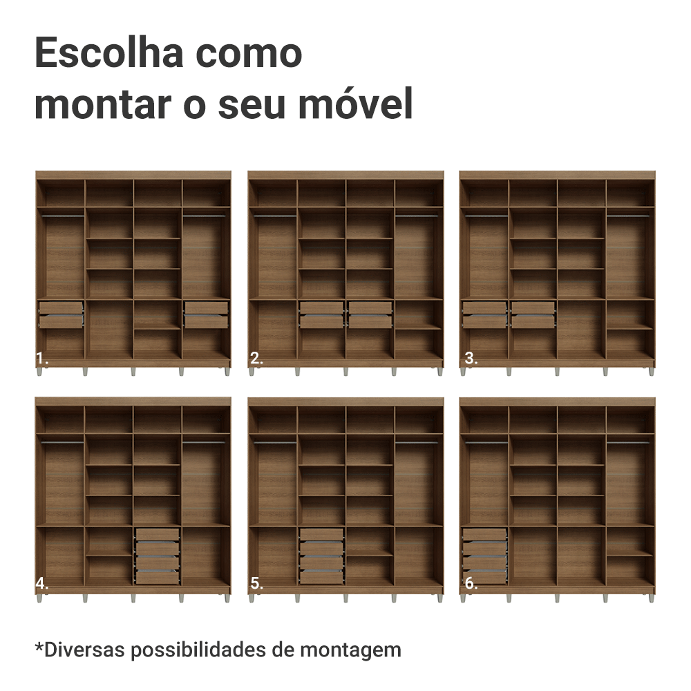 Guarda-Roupa Casal com Pés 8 Portas Batentes com Espelho Rustic/Preto/Preto Saturno Madesa