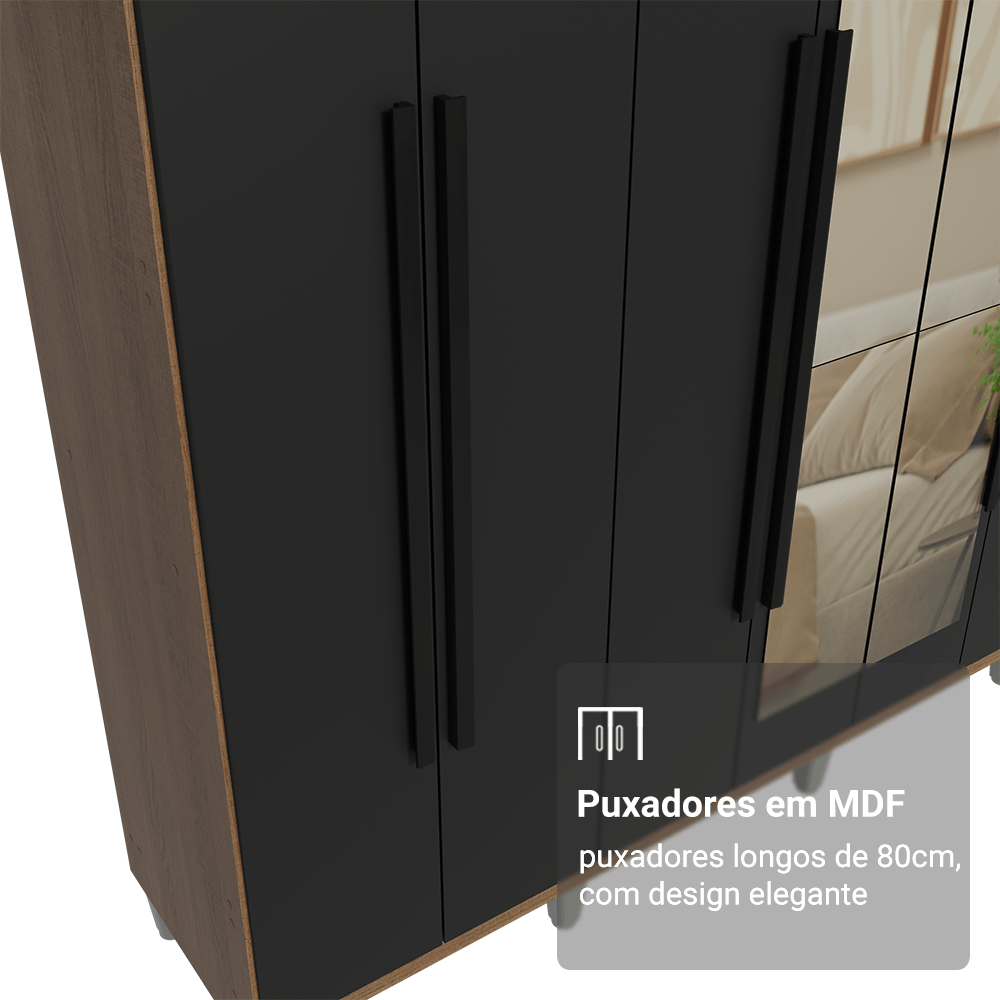 Guarda-Roupa Casal com Pés 8 Portas Batentes com Espelho Rustic/Preto/Preto Saturno Madesa