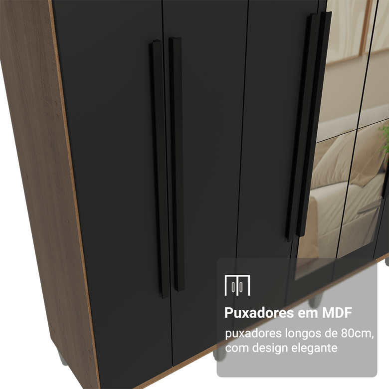 Guarda-Roupa Casal com Pés 8 Portas Batentes com Espelho Rustic/Preto/Preto Saturno Madesa