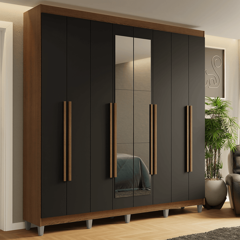 Guarda-Roupa Casal com Pés 8 Portas Batentes com Espelho Rustic/Preto/Rustic Saturno Madesa
